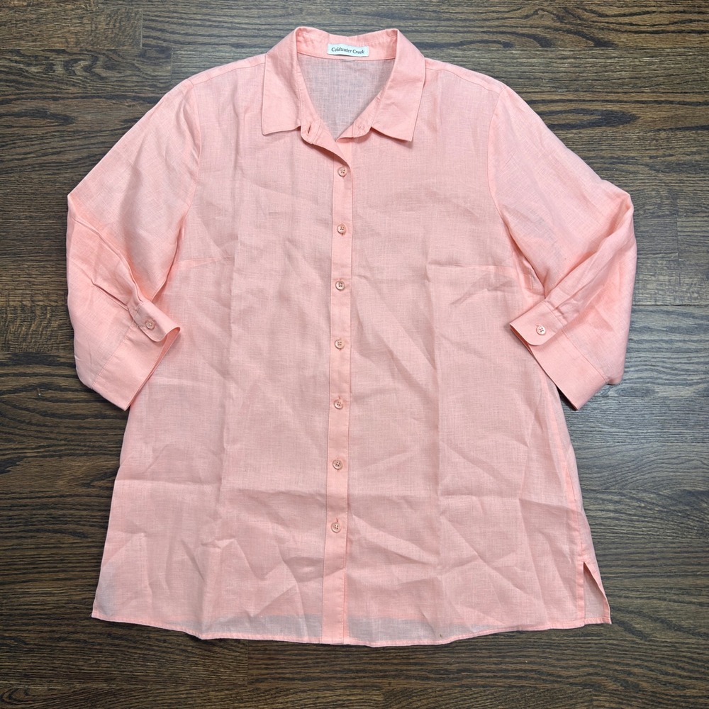 Coldwater Creek Button Down Linen Shirt Womens Large 3/4 Sleeve Casual Blouse